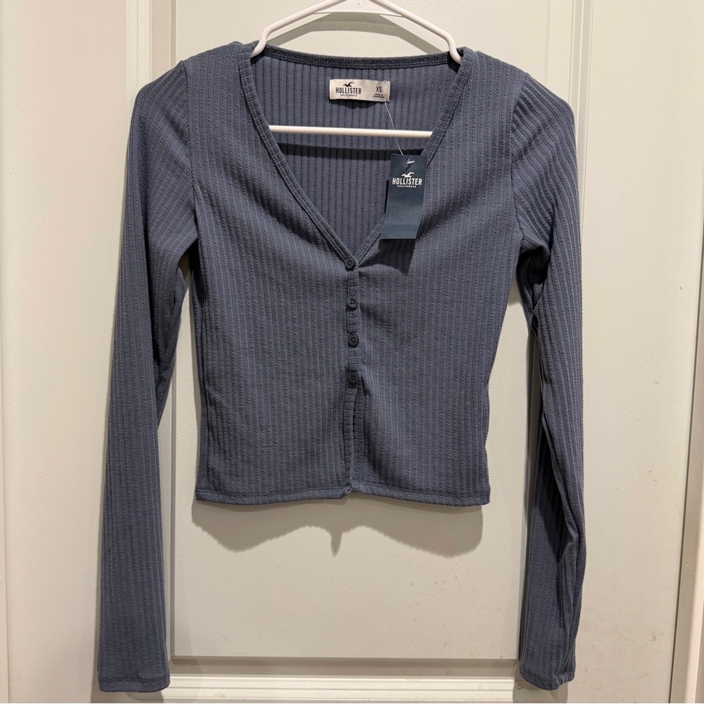 Hollister Blue Button-Up Long Sleeve Ribbed V-Neck Top